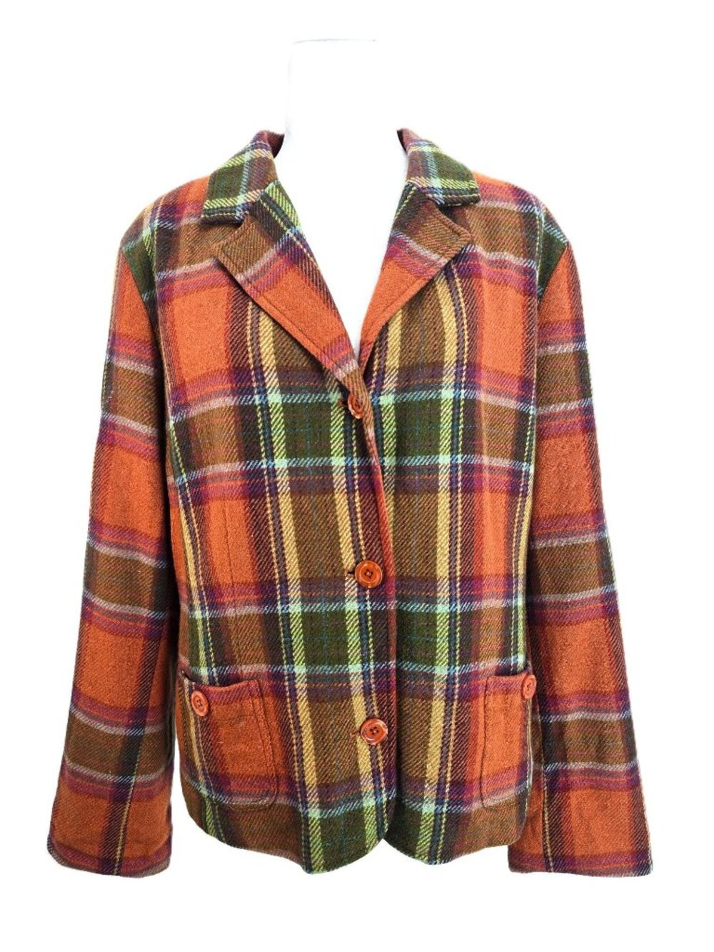 Vintage Fieldgear Burnt Orange Green Plaid Wool Blazer Coat Jacket Women XL